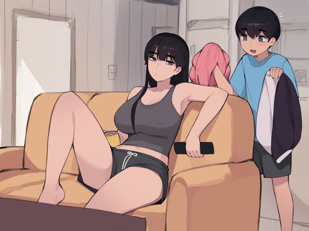 Description:
A young woman with black hair and a grey tank top and shorts is lounging suggestively on a yellow couch, legs spread apart. A young man with pink hair is looking at her with a surprised expression while holding a shirt.
Text from image:
わかりました