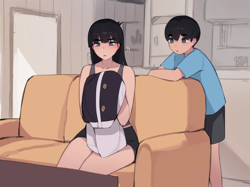 Description:
A young woman with bobbed black hair, wearing a skimpy white and black outfit that barely covers her, sits on a couch with a young man. Her legs are spread, and the man stands slightly behind her, looking down at her with surprise. He wears a blue shirt and black shorts. The atmosphere suggests a potentially compromising situation.
Text from image:
?!
