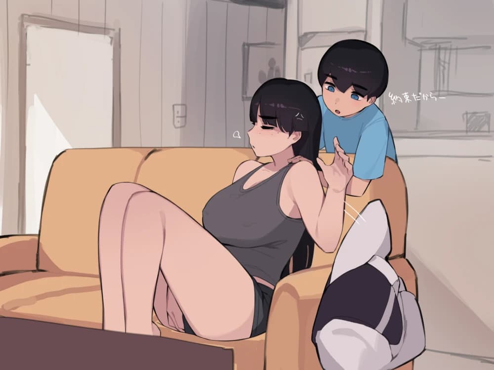 Description:
A young woman is lying on a couch with her legs spread, while a young man stands over her, appearing to touch her thigh. She looks up at him with a surprised expression.
Text from image:
どう考えたからー